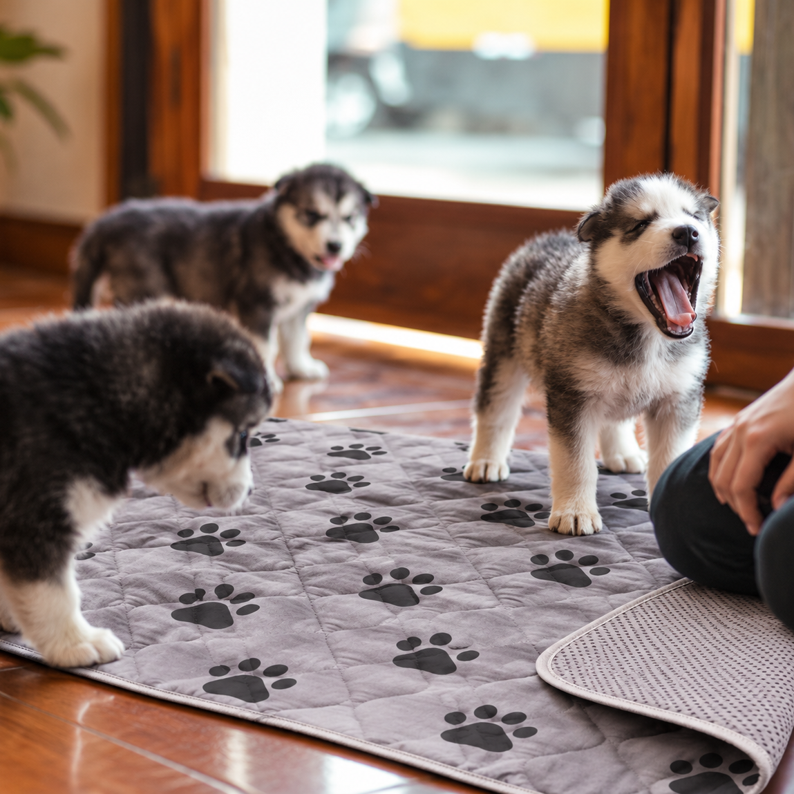 Three husky puppies play on a gray puppy training mat with black paw prints in a home setting, with a person's leg visible on the right.