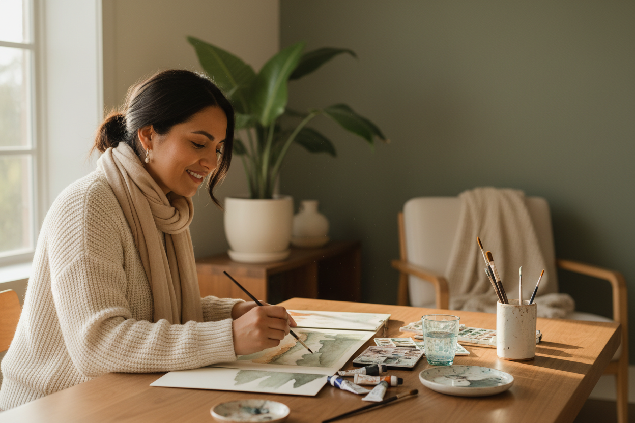 1. The Person (Hispanic woman again for consistency)

She should be:

• focused but relaxed
• softly smiling or neutral
• wearing cozy, neutral clothes
• in warm, natural light
• in a calm and tidy space

This keeps the set grounded.

2. The Setting

Use:

• warm wooden table
• sage, cream, beige tones
• soft sunlight
• plant in the background
• clean, intentional layout

Avoid clutter and bright colors that break brand tone.

3. The Action

Choose ONE activity to communicate “calm creative routine”:

• pai
