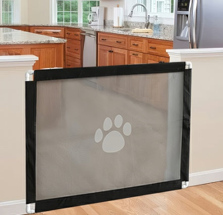 Pet gate with paw design in a kitchen setting