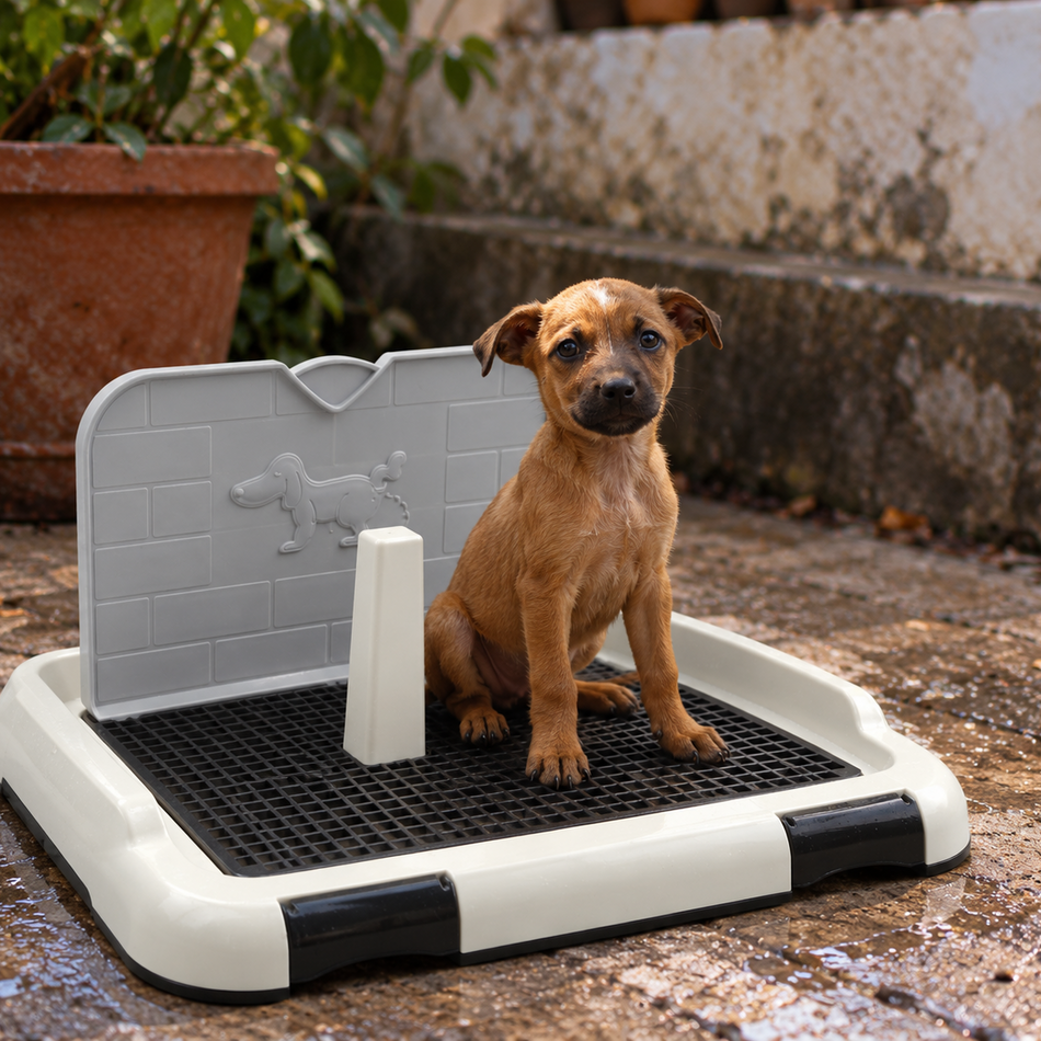 A small tan puppy sits on a plastic dog toilet pad outdoors on a stone patio, with a potted plant and wall in the background.