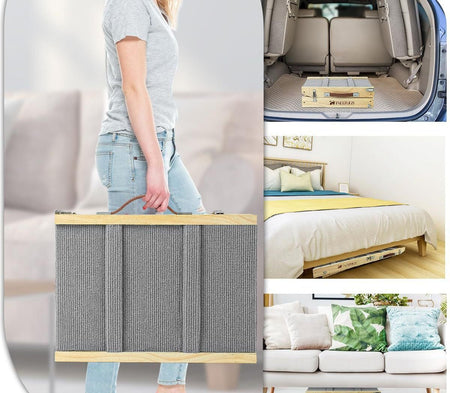 Collage of a person holding a folded bed frame, car trunk with folded bed, and bed in a room.