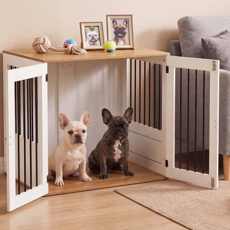 Wooden Dog Crate End Table & Kennel with Rotating Feeder Bowls
