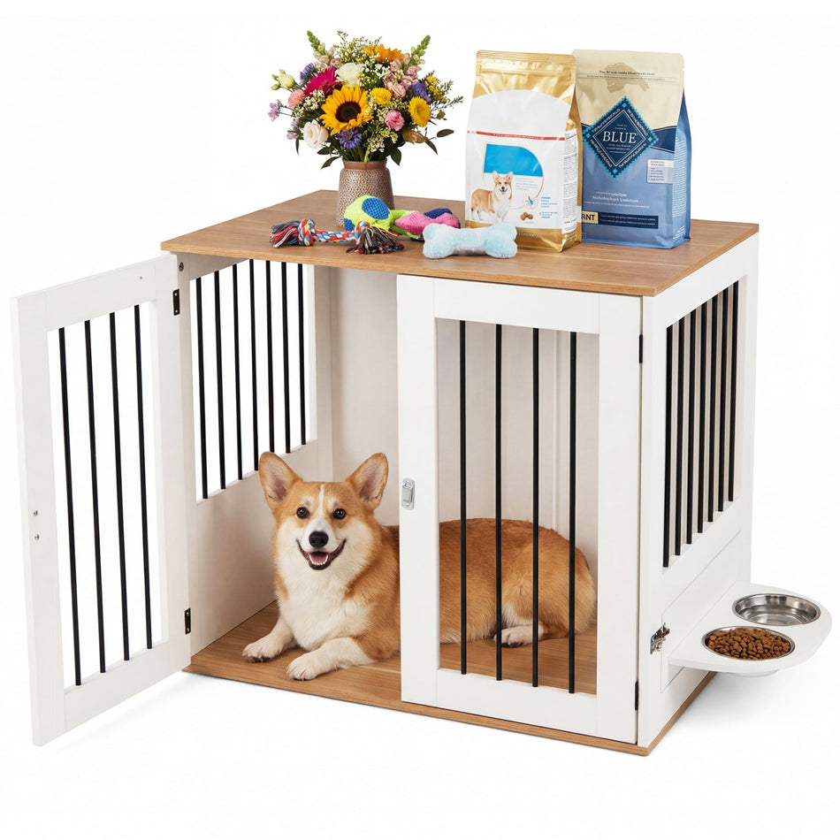 Wooden Dog Crate End Table & Kennel with Rotating Feeder Bowls
