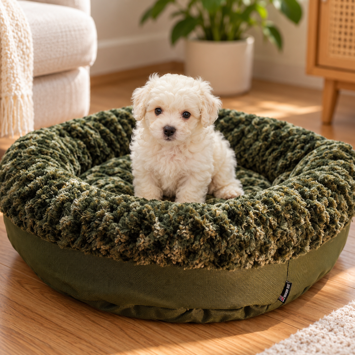 A small white puppy sits inside a round, ribbed green pet bed on a wooden floor in a cozy living room setting.