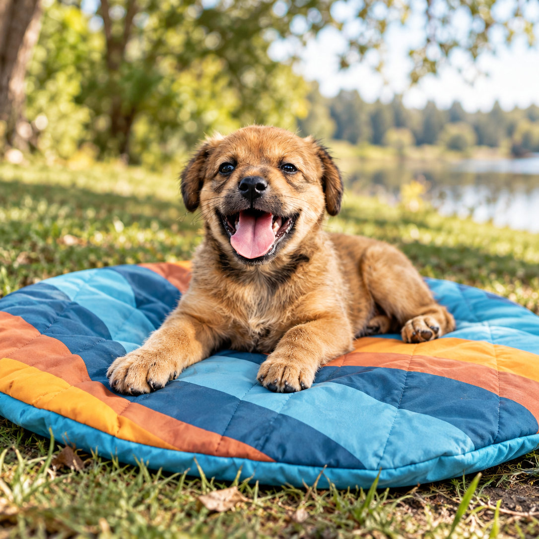 A smiling brown puppy lies on a round quilted dog mat with blue, orange, and yellow stripes, set on grass outdoors near trees and water.