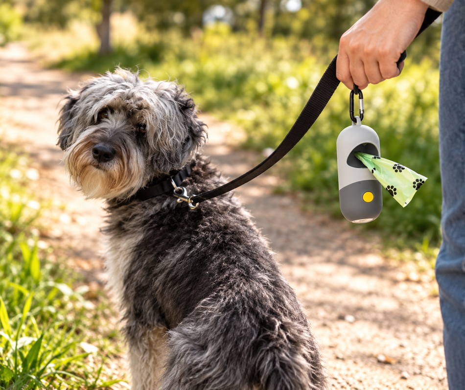 A gray and white fluffy dog sits on a dirt path outdoors while wearing a black leash attached to a white and gray automatic dog poop bag dispenser. A person's hand and leg are visible holding the leash, and green grass and trees are blurred in the background.