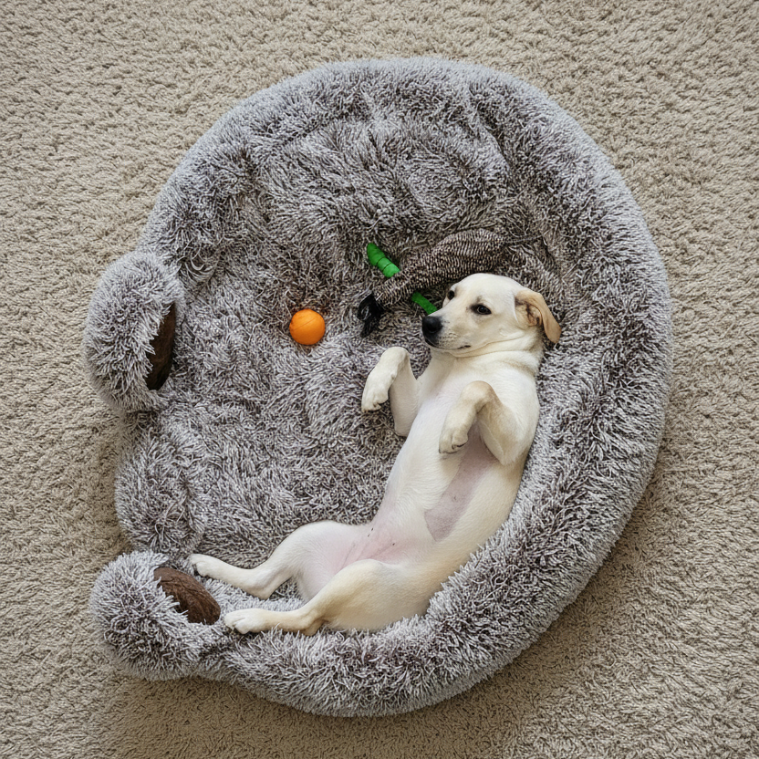 White dog lying on a fluffy gray pet bed with toys around