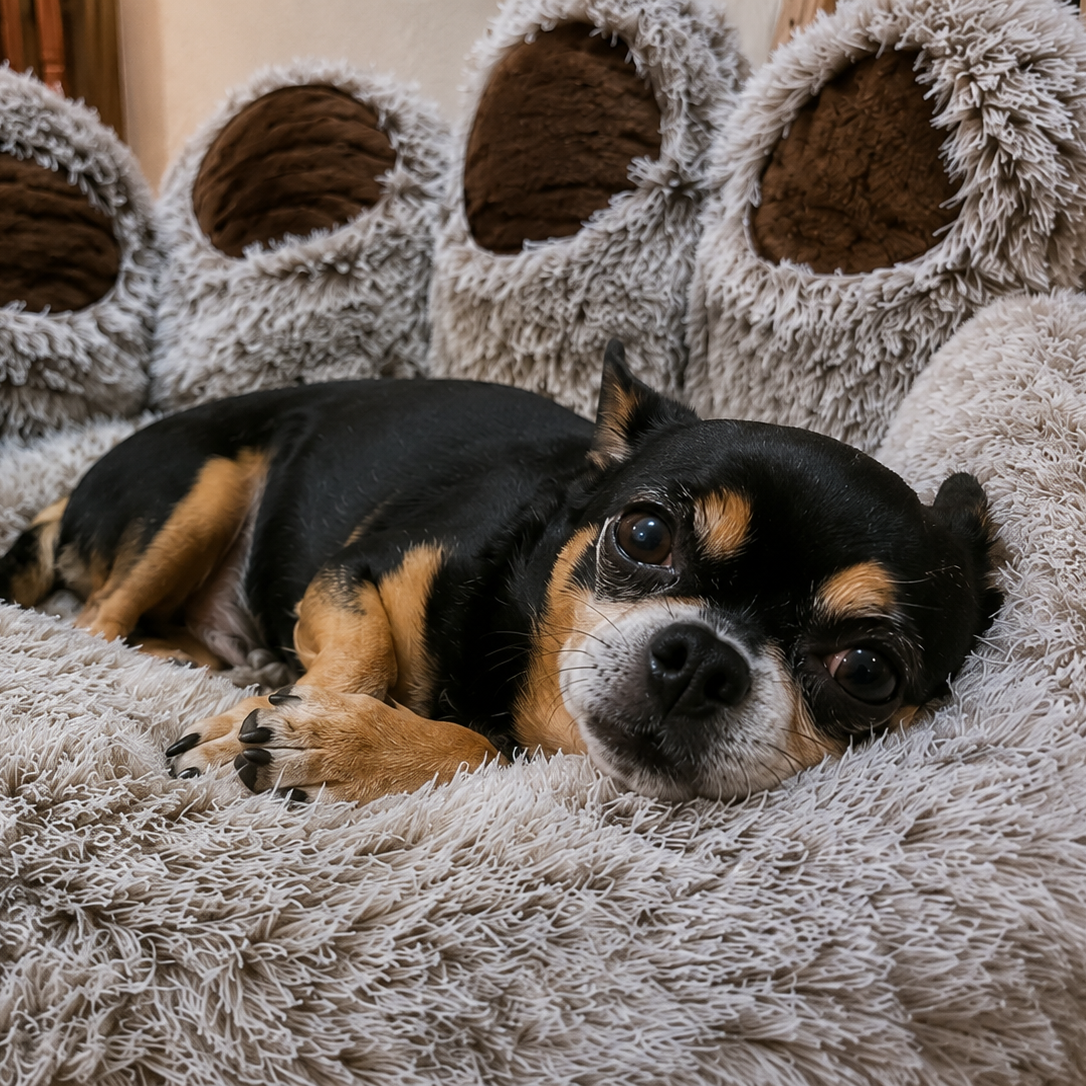 Dog lying on a fluffy pet bed with paw-shaped decorations