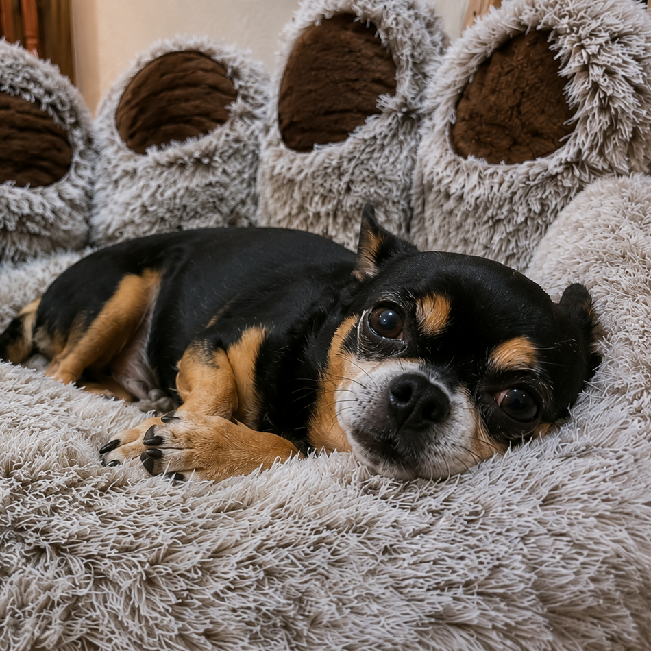 Dog lying on a fluffy pet bed with paw-shaped decorations