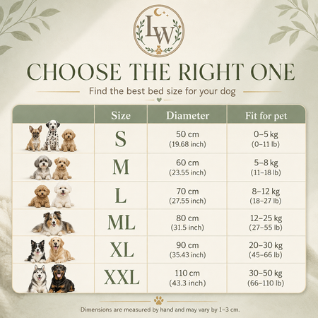 Dog bed size chart with images of dogs and corresponding sizes on a decorative background.