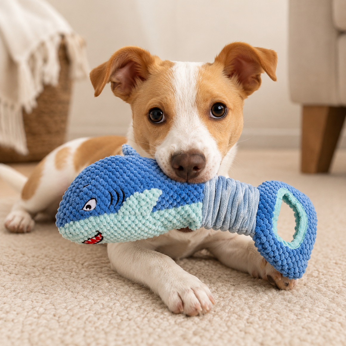 Dog playing with a blue and gray chew toy on a carpeted floor.