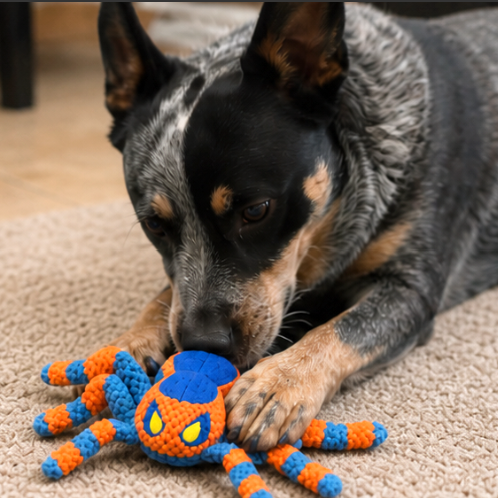 Dog playing with a spider-shaped toy on a carpeted floor