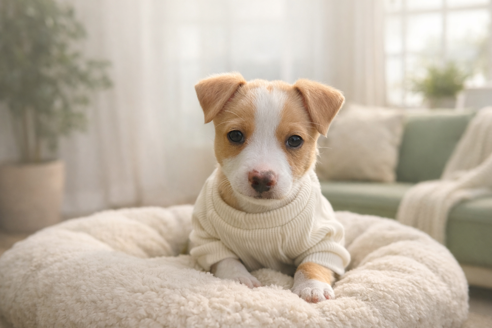 Puppy wearing a sweater sitting on a fluffy pillow in a cozy living room.