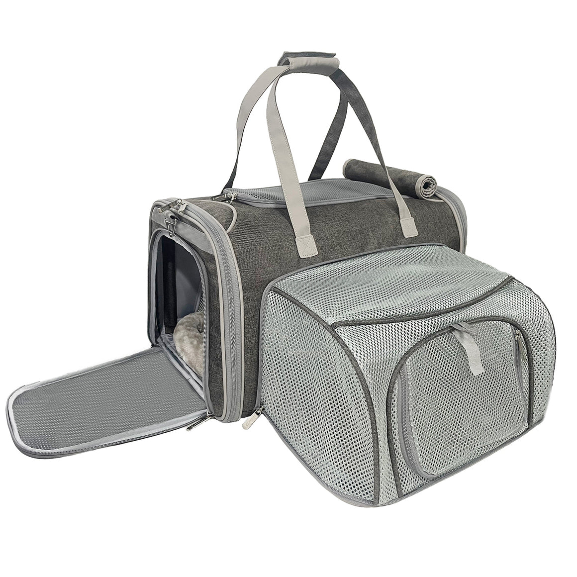 Gray pet carrier with mesh side on a white background