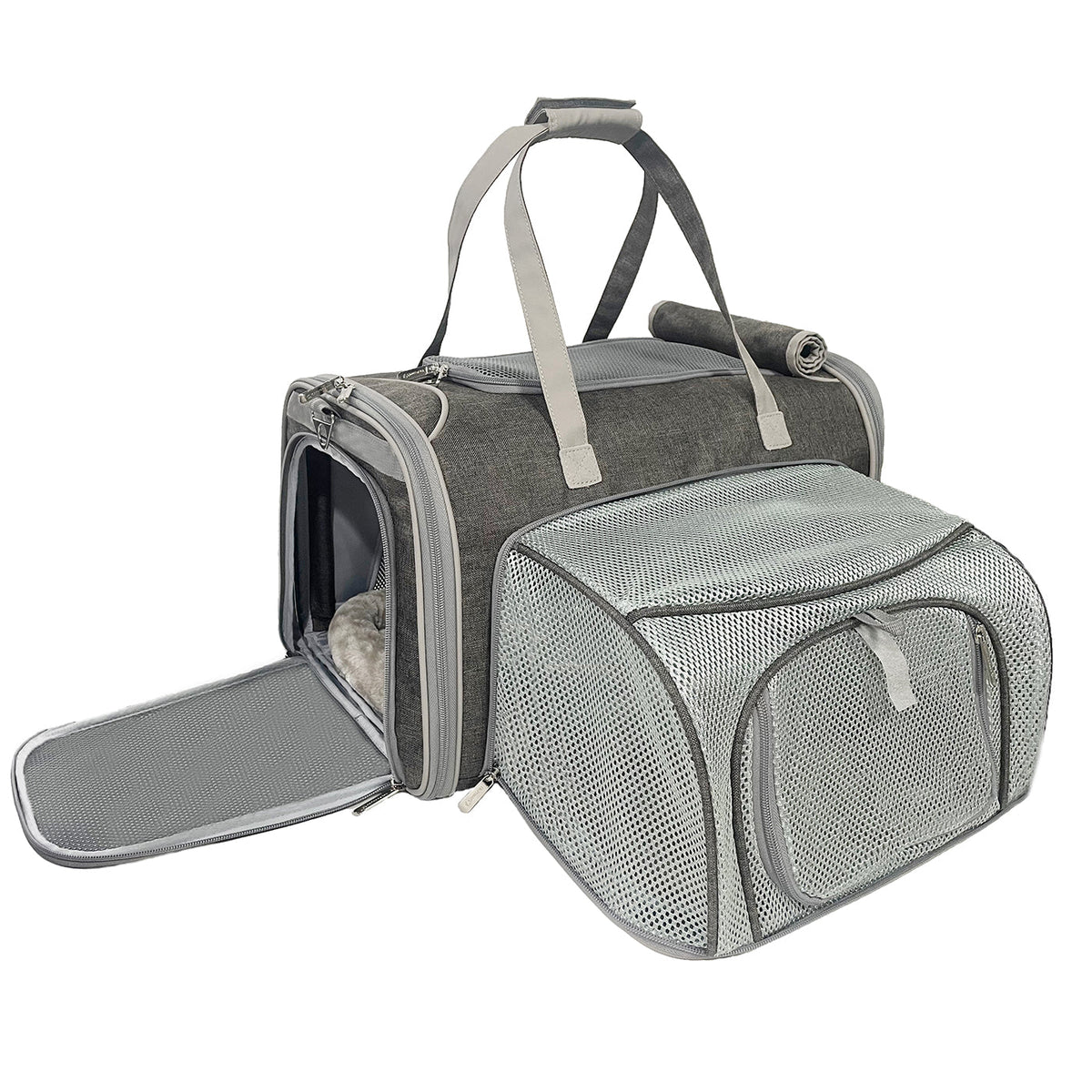 Gray pet carrier with mesh side on a white background