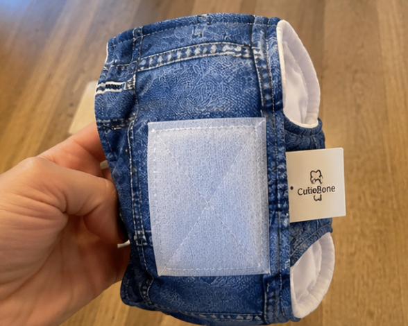 Denim dog diaper held by a hand on a wooden surface with 'CutieBone' brand label.