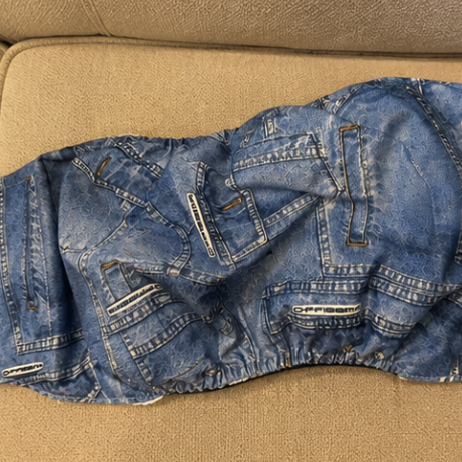 Blue jeans with white patches on a beige couch