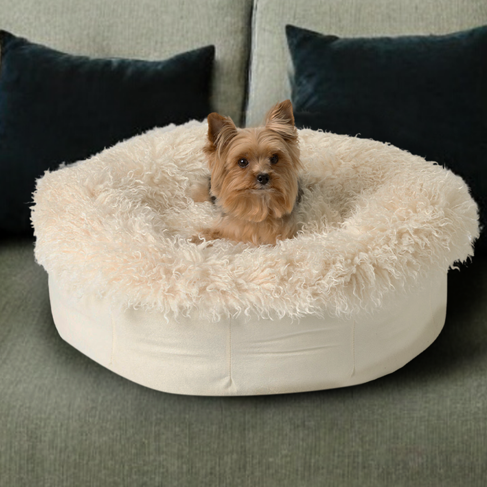 PupPouf™ Luxe Faux Fur Calming Donut Dog Bed – Plush Sheep Ivory