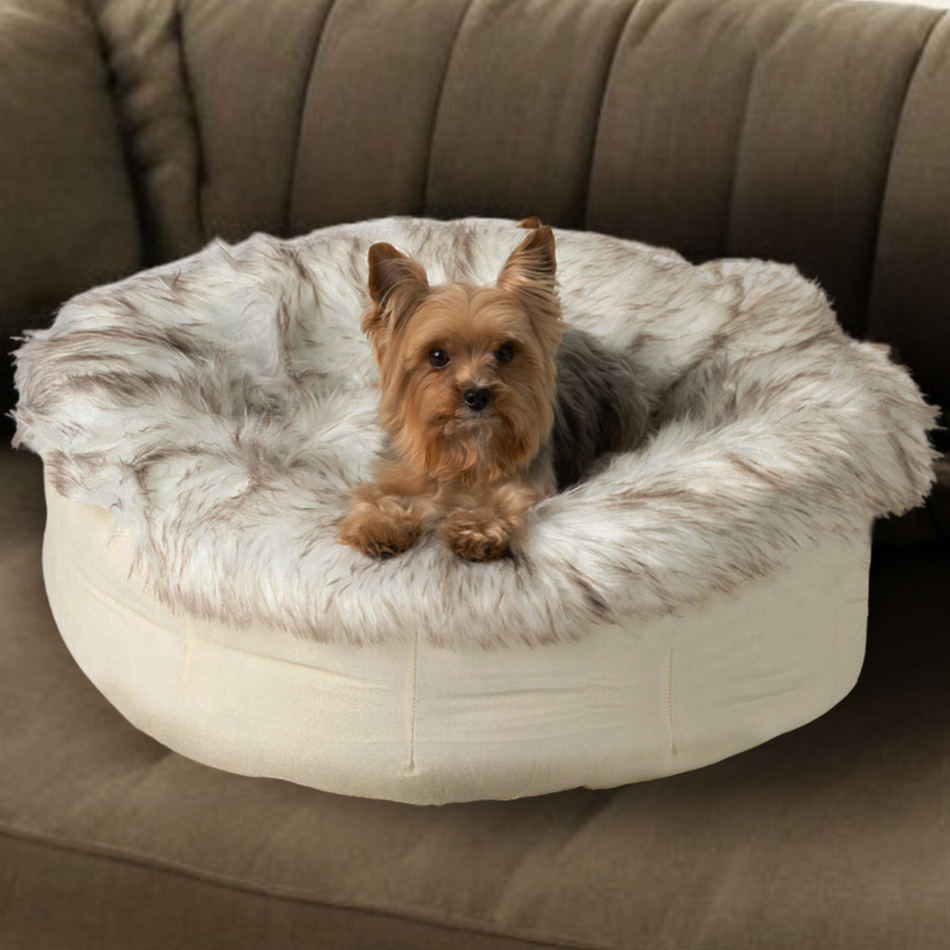 PupPouf™ Luxe Faux Fur Calming Donut Dog Bed – White with Brown Accents