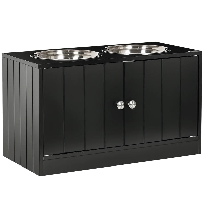 Black elevated dog feeding station with hidden storage and two bowls