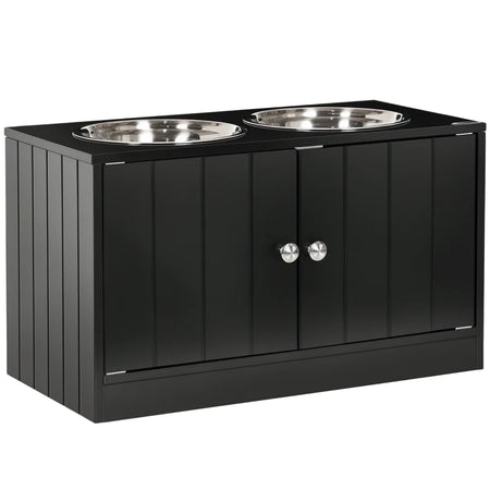 Black elevated dog feeding station with hidden storage and two bowls
