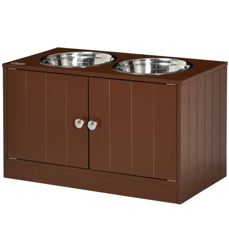 Brown elevated dog feeding station with hidden storage and two bowls