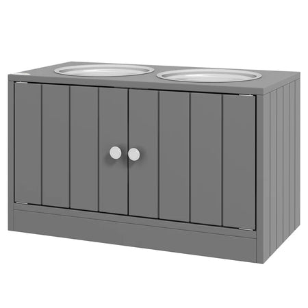 Gray elevated dog feeding station with hidden storage and two bowls