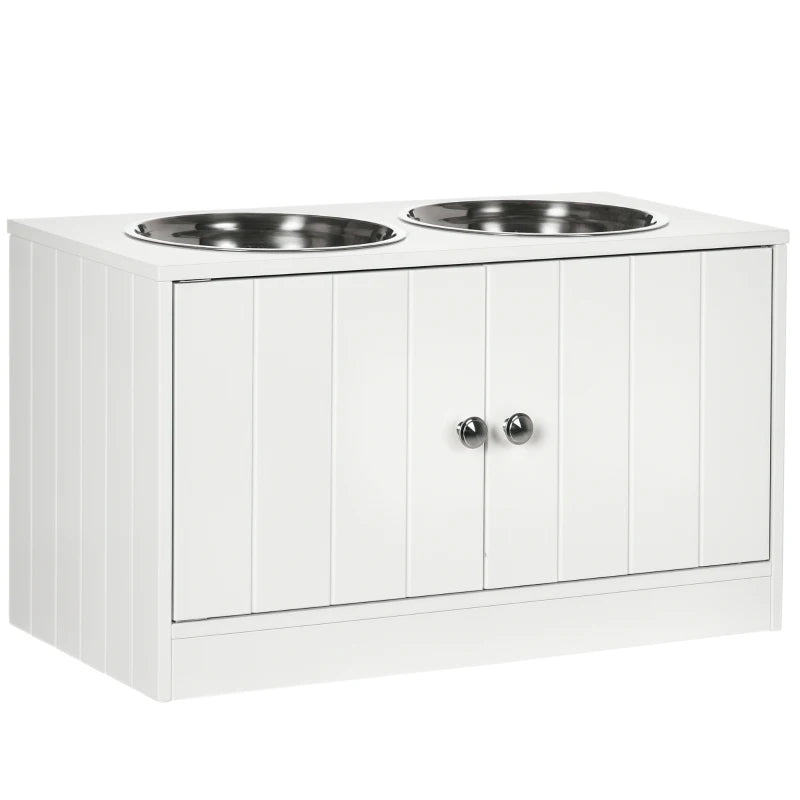 White elevated dog feeding station with hidden storage and two bowls