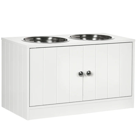 White elevated dog feeding station with hidden storage and two bowls