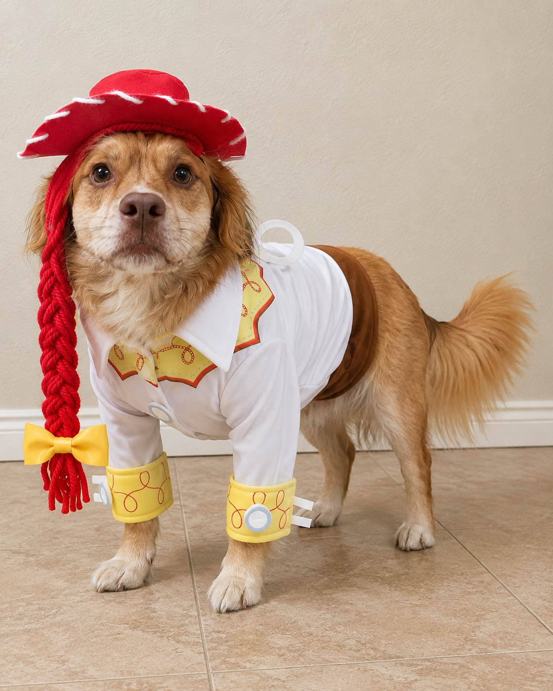 Dog wearing a Jessie costume from Toy Story on a wooden floor.