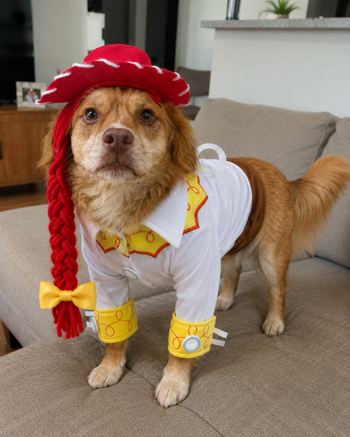 Dog wearing a costume with a red hat and yellow outfit on a couch.