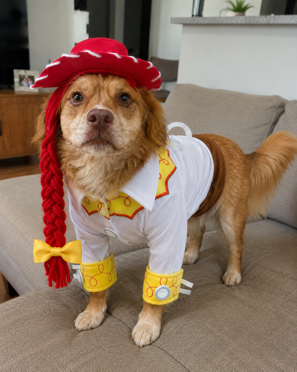 Dog wearing a costume with a red hat and yellow outfit on a couch.