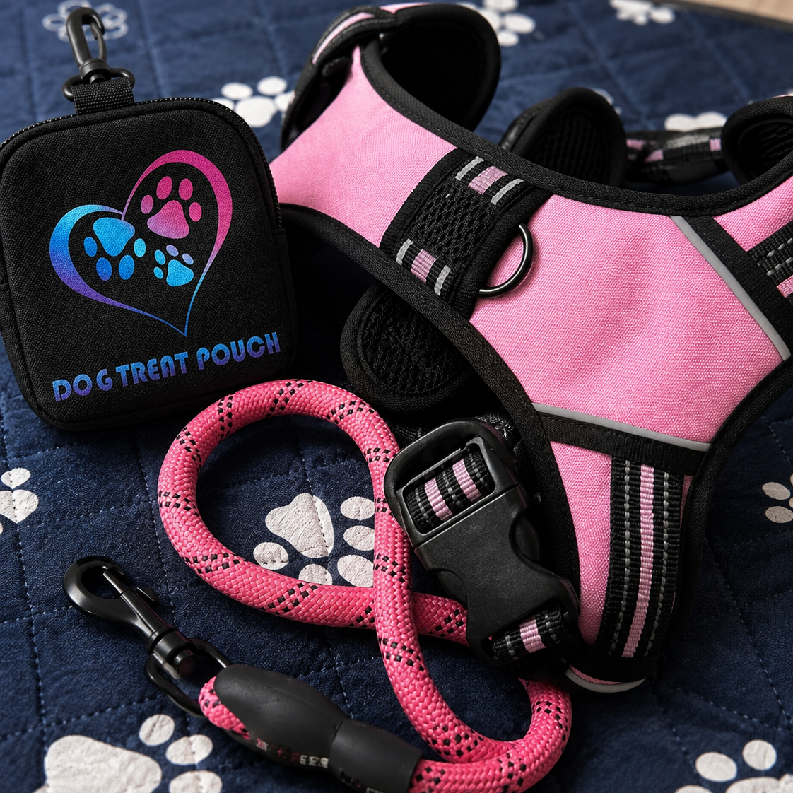 Pink dog harness, leash, and treat pouch on a blue blanket with paw prints