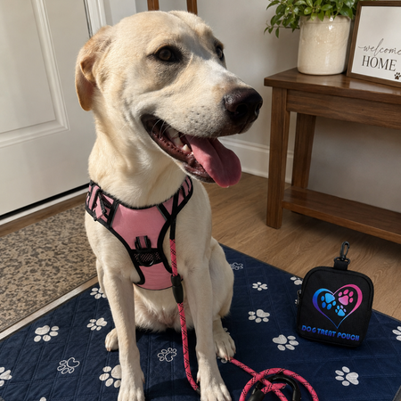 Dog sitting on a mat with a pink harness and leash, next to a black bag with a heart design.