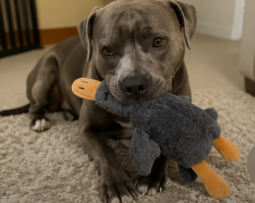 Dog holding a plush toy on a carpeted floor