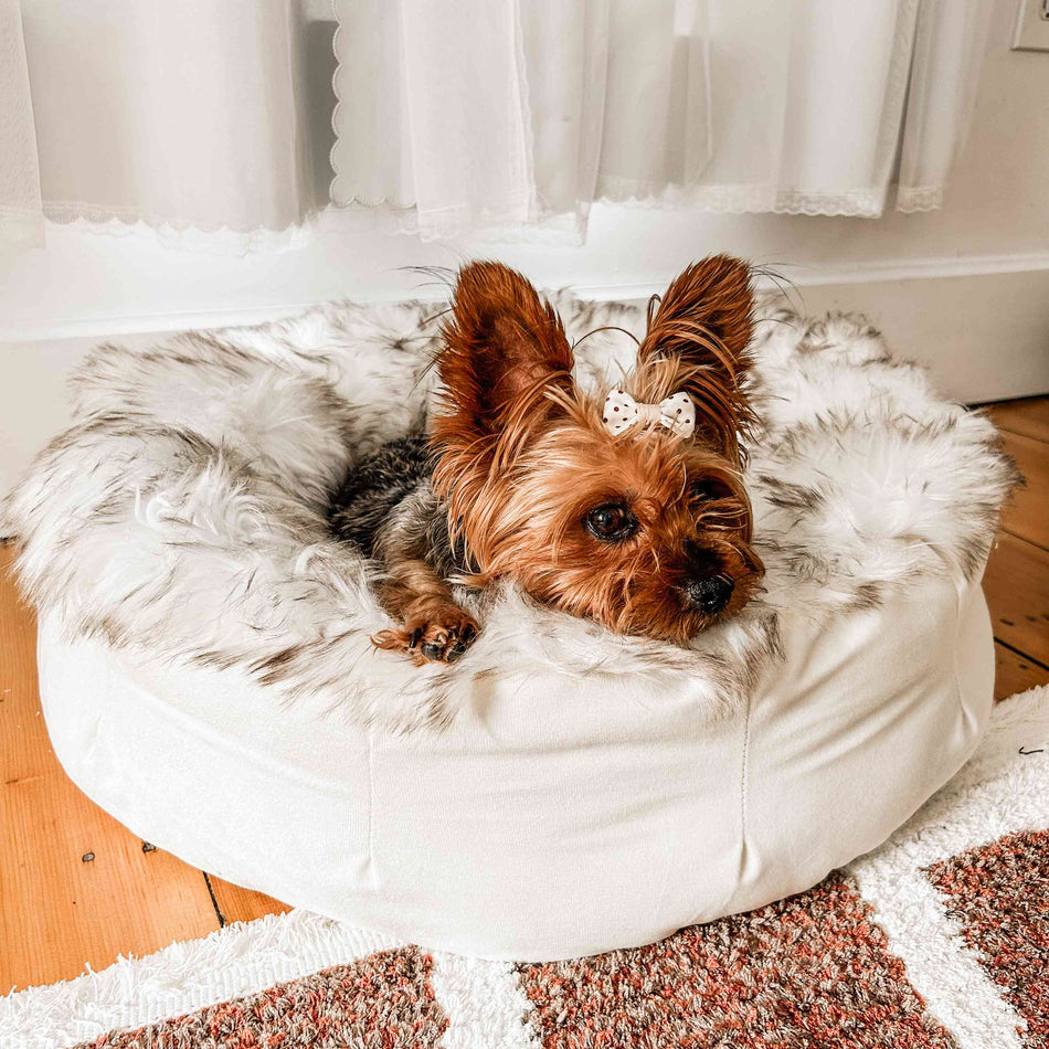 PupPouf™ Luxe Faux Fur Calming Donut Dog Bed – White with Brown Accents