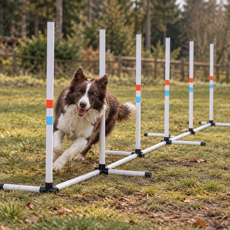 A brown and white Border Collie dog running through a dog agility obstacle course made of white poles with blue and orange color bands on a grassy field with trees in the background.