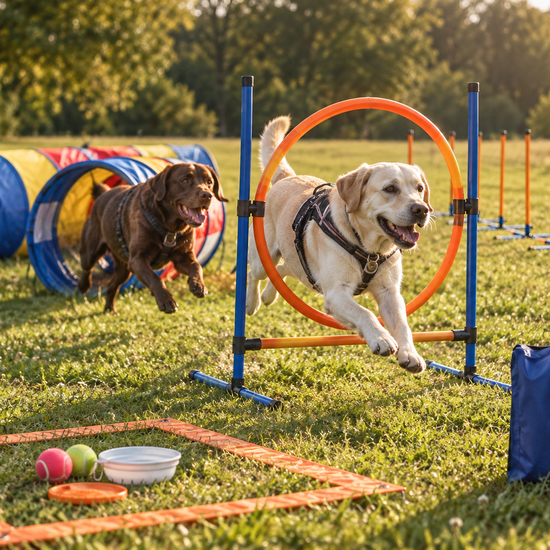Two dogs running through an outdoor agility course on a grassy field at sunset. One light-colored dog jumps over an orange hoop, while another dog runs through a tunnel in the background.