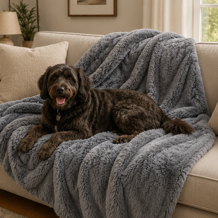 Dog lying on a gray blanket on a couch in a cozy living room.