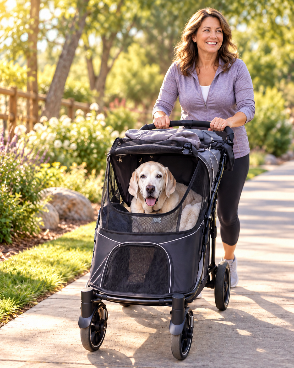 A woman pushes a black pet stroller with a light-colored dog inside, walking on a paved path in a sunny park.