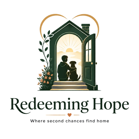 Logo of 'Redeeming Hope' with a silhouette of a person and dog sitting together, set against a sunset background.