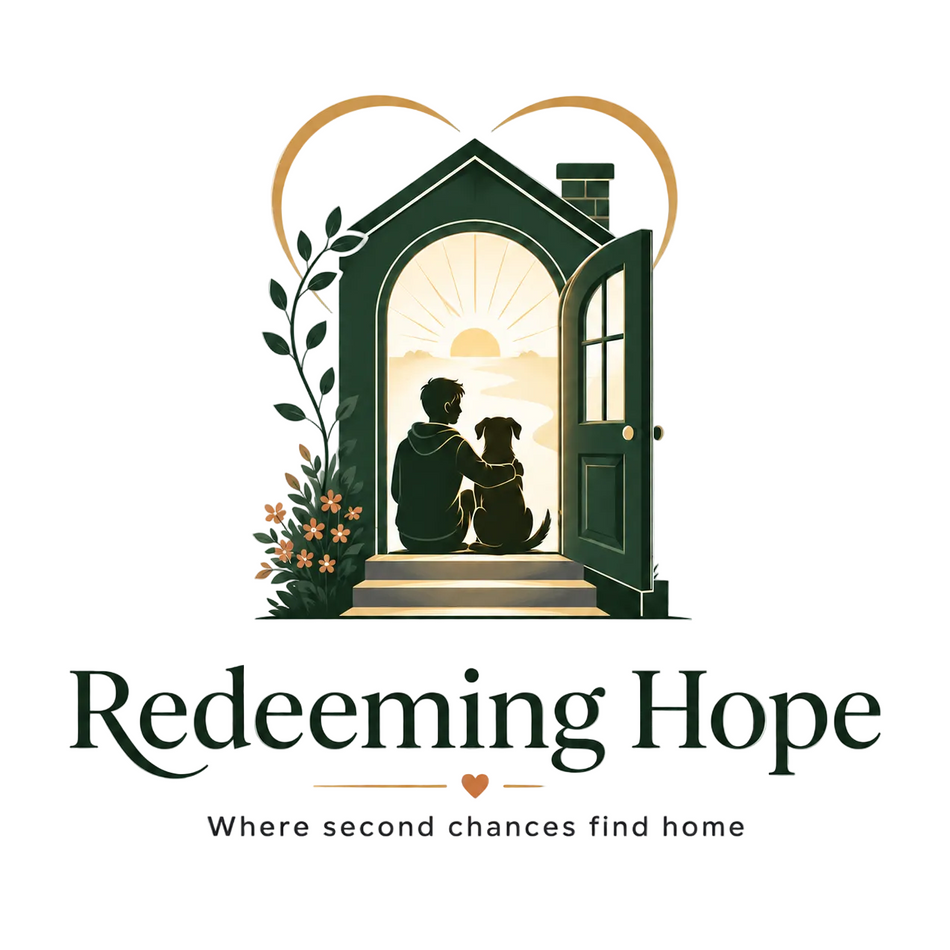 Logo of 'Redeeming Hope' with a silhouette of a person and dog sitting together, set against a sunset background.
