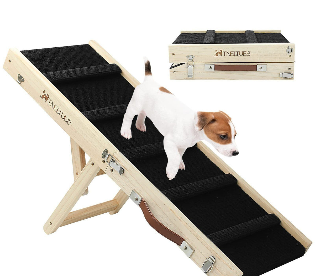 Dog using a wooden pet ramp with a Newfie brand logo, and a wooden carrying case in the background.