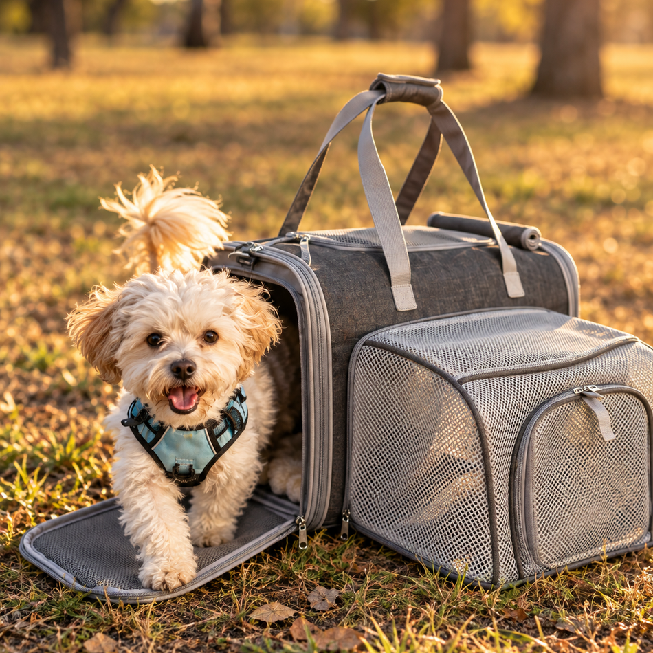 A small fluffy white dog wearing a teal harness sits inside an open gray pet carrier bag on grass in a sunlit park. A matching gray mesh pet tote bag stands beside it.