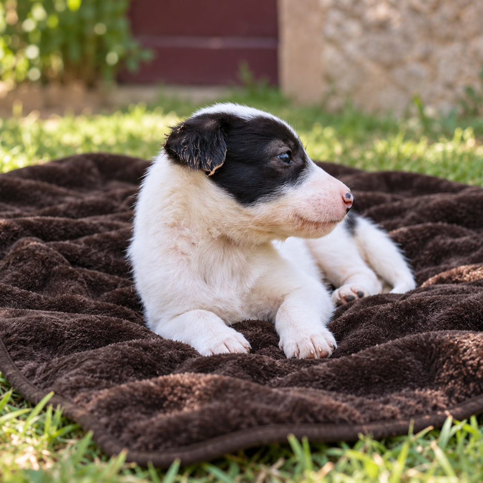 A black and white puppy lying on a brown plush blanket on green grass outdoors.