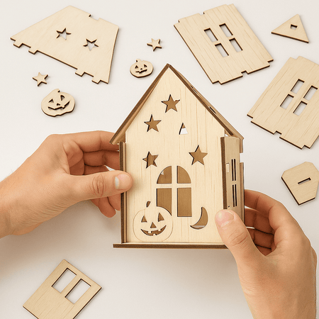 DIY Wooden Halloween House Kit – Unpainted Laser - Cut Pumpkin Craft for Hobby Kits & Decor - LURE Wellness