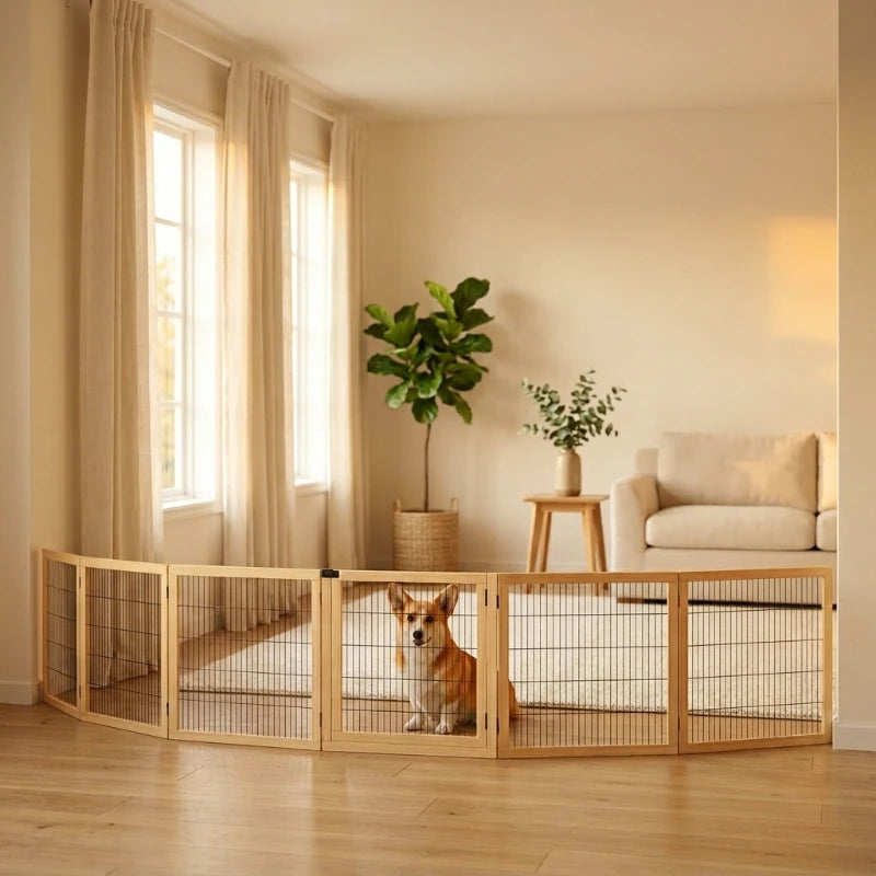 PawHut 6-Panel Freestanding Wooden Pet Gate with Support Feet (White)