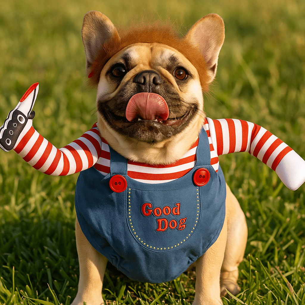 Halloween Dog Costume – Chucky Style Scary Pet Outfit with Wig & Knife Doll - LURE Wellness