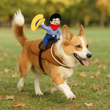 Halloween Dog Costume – Cowboy Rider Vest with Hat and Doll (Coffee Color) - LURE Wellness