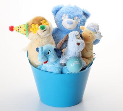 Upcycled "Happy Birthday" Blue Plush Dog Gift Basket (3 Sizes)